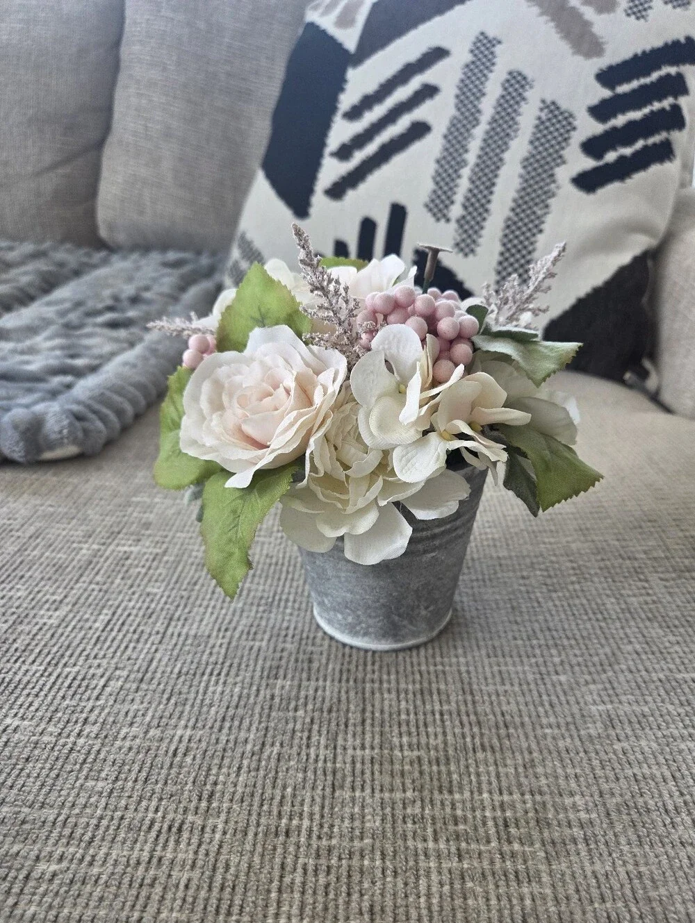 Artificial Floral Arrangement in Pink and Cream with Green Leaves